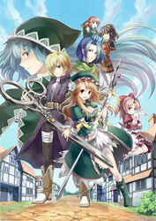  2boys 5girls absurdres bad_id bad_pixiv_id bow doll dress fantasy green_dress hair_over_one_eye hairbow half-timbered hat highres huge_weapon hugging_doll hugging_object jacket multiple_boys multiple_girls original photoshop_(medium) ponytail rabbit red_dress scissors sigina staff stuffed_toy town weapon 