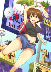  backpack bag banboro_(technobot) blue_shorts breasts brown_eyes brown_hair commentary_request female fish fishing_line groin large_breasts midriff navel running short_hair shorts solo squid umihara_kawase umihara_kawase_(character) unbuttoned 