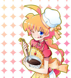  ;q ahiru_(princess_tutu) ahoge apron bad_id bad_pixiv_id baking bare_arms blue_eyes bow bowl braid chef_hat chocolate chocolate_making eloosia female freckles hat jewelry long_hair necklace one_eye_closed orange_hair princess_tutu ribbon single_braid smile solo tilted_headwear tongue tongue_out 