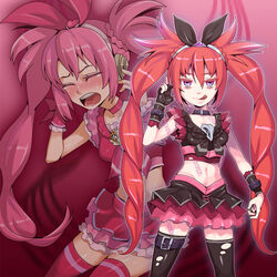  alternate_costume black_gloves black_thighhighs black_wrist_cuffs bow choker commentary_request corruption cure_melody dark_persona female frills gloves houjou_hibiki jewelry kuroshin long_hair magical_girl pink_bow pink_choker pink_eyes pink_wrist_cuffs precure red_hair smile solo suite_precure thighhighs unofficial_precure_costume wrist_cuffs 