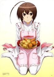  absurdres ahoge apron artist_name basket breasts brown_eyes brown_hair buttons carrot closed_mouth copyright_name feet female fingerless_gloves frilled_apron frills fukuda_michio full_body gloves gradient_background hair_ribbon hashimoto_takayoshi highres holding holding_basket huge_ahoge japanese_clothes kimono large_breasts light_smile long_sleeves looking_at_viewer musubi no_shoes nontraditional_miko official_art onion page_number parted_bangs pink_apron pink_ribbon pink_sash pocket potato red_gloves ribbon ribbon-trimmed_sleeves ribbon_trim sash scan sekirei sekirei_~pure_engagement~ sidelocks sitting solo thighhighs wariza white_kimono white_thighhighs wide_sleeves 