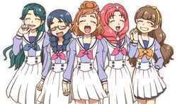  5girls ^_^ akagi_towa amanogawa_kirara aya_(ryou0327) blue_hair braid brown_hair closed_eyes commentary_request glasses go!_princess_precure green_hair grin hair_bun hairband haruno_haruka holding_hands interlocked_fingers kaidou_minami low_twintails multiple_girls nanase_yui noble_academy_school_uniform open_mouth precure red_hair school_uniform serafuku side_braid single_hair_bun smile star_(symbol) twin_braids twintails 