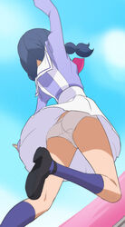  arm_up ass blue_hair braid female from_behind go!_princess_precure haruyama_kazunori kneehighs kneepits long_hair nanase_yui noble_academy_school_uniform panties precure school_uniform skirt socks solo underwear white_panties white_skirt 