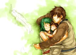  2boys bad_id bad_pixiv_id blush brown_hair closed_eyes couple erin_(kemono_no_souja_erin) face-to-face family feathers female grass green_hair happy hug hug_from_behind ia-lu_(kemono_no_souja_erin) itumu jesh_(kemono_no_souja_erin) kemono_no_souja_erin multiple_boys short_hair sleeping smile straight 