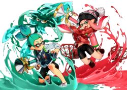  1boy aqua_hair beanie bike_shorts brown_eyes commentary fangs female glasses green_eyes hat highres holding holding_weapon ink_tank_(splatoon) inkling inkling_boy inkling_girl inkling_player_character jumping kneeling kraken_(splatoon) long_hair long_sleeves looking_at_another nomu_(29_nom) open_mouth paint_splatter radar shirt shoes short_hair smile sneakers splatoon_(series) splatoon_1 squid sweater sweater_vest tentacle_hair topknot weapon white_background white_shirt 