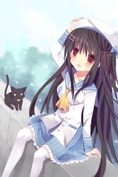  :d bad_id bad_pixiv_id black_hair bow brown_eyes feline female hair_ornament hair_ribbon hairbow hairclip hand_on_headwear highres kamichi_miyaki long_hair looking_up open_mouth original ribbon school_uniform serafuku sitting smile solo thighhighs very_long_hair white_thighhighs zettai_ryouiki 