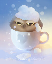  ambiguous_gender apofiss avian beak bird brown_body brown_feathers container cup disgruntled feathers feral gradient_background looking_at_viewer low_res owl reaction_image simple_background snow snowing solo tea_bag 