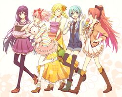  5girls akemi_homura alternate_costume blonde_hair blue_eyes blue_hair book boots casual commentary_request drill_hair earphones fashion flower food gift hair_flower hair_ornament hairband hand_in_pocket ice_cream kaname_madoka long_hair long_skirt mahou_shoujo_madoka_magica mahou_shoujo_madoka_magica_(anime) miki_sayaka multiple_girls necktie pantyhose pink_hair ponytail purple_eyes purple_hair purple_skirt red_eyes red_hair sakura_kyoko shivue short_hair simple_background single_earphone_removed skirt smile stuffed_animal stuffed_rabbit stuffed_toy thighhighs tomoe_mami twin_drills twintails 