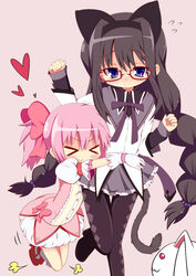  &gt;_&lt; 2girls akemi_homura akemi_homura_(magical_girl) animal_ears black_hair braid bubble_skirt cat_ears closed_eyes commentary_request glasses gloves grey_skirt hair_ribbon hairband happy heart hug hug_from_behind jpeg_artifacts kaname_madoka kaname_madoka_(magical_girl) kemonomimi_mode kyuubee long_hair magical_girl mahou_shoujo_madoka_magica mahou_shoujo_madoka_magica_(anime) matsubara_ryuu multiple_girls pantyhose pink_hair red-framed_eyewear ribbon short_twintails skirt smile spoilers tail twin_braids twintails white_gloves 