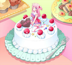  bad_id bad_pixiv_id cake candy chocolate cookie cupcake eloosia english_text female food food-themed_hair_ornament fork fruit full_body gloves hair_ornament hairpin heart heart-shaped_chocolate kneeling leotard long_hair one_eye_closed original pink_eyes pink_hair pink_leotard pink_thighhighs plate solo star_(symbol) strawberry strawberry_hair_ornament thighhighs twintails 