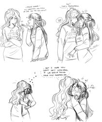  2girls blunt_bangs blush christmas commentary diana_cavendish english_text greyscale heart highres hug jpeg_artifacts kagari_atsuko kissing little_witch_academia long_hair lossy-lossless md5_mismatch monochrome multiple_girls one-armed_hug one_eye_closed ponytail short_ponytail smile speech_bubble stitched sweater third-party_edit ticcy yuri 