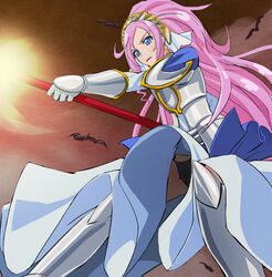  armor armored_dress bat_(animal) black_panties blue_eyes dokidoki!_precure dress female gauntlets hairband haruyama_kazunori long_hair marie_ange panties pink_hair polearm precure solo spear underwear weapon 