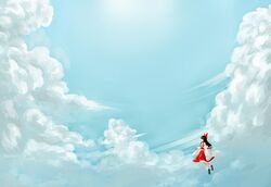  above_clouds absurdres ascot atkdog black_footwear black_hair blue_sky bow cloud commentary_request day detached_sleeves faceless female floating gohei hair_tubes hairbow hakurei_reimu highres long_hair looking_afar red_bow red_shirt red_skirt shirt shoes skirt skirt_set sky socks solo sunlight touhou white_socks 