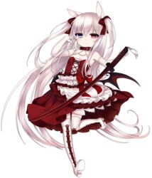  alice_claudia animal_ears bad_id bad_pixiv_id bat_wings bow commentary_request elbow_gloves female frills full_body gloves hair_ribbon hairbow heterochromia holding jitome katana lolita_fashion long_hair looking_at_viewer original ribbon silver_hair solo sword thighhighs transparent_background tsukikage_nemu two_side_up very_long_hair weapon white_gloves white_thighhighs wings zettai_ryouiki 