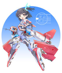  black_hair cockpit commentary female full_body highres jet_engine mao_(6r) mecha_musume original personification side_ponytail skin_tight solo wings x-2_shinshin x-2_shinshin_(personification) yellow_eyes 