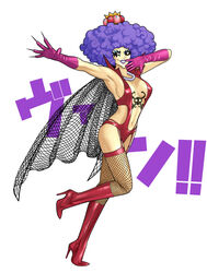  armpits boots breasts cape cleavage commentary_request crown emporio_ivankov female fishnet_thighhighs fishnets garter_belt gloves high_heels large_breasts lipstick makeup one_piece purple_hair shoes sideboob solo suyu38 tattoo thighhighs 