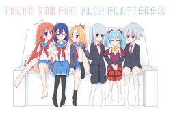  1boy 5girls absurdres ahoge antenna_hair arm_wrap bangs_pinned_back barefoot blazer blonde_hair blue_eyes blue_hair blunt_bangs bow commentary_request expressionless feet flip_flappers girl_sandwich hair_ornament hair_ribbon hairbow hairclip highres holding_hands jacket kokomine_cocona long_hair long_skirt multicolored_hair multiple_girls no_shoes nyunyu open_mouth orange_hair papika_(flip_flappers) pleated_skirt purple_eyes red_eyes ribbon sandwiched school_uniform serafuku short_hair silver_hair skirt smile sou_(mgn) streaked_hair thank_you toes toto_(flip_flappers) two_side_up yayaka yuyu_(flip_flappers) 