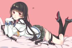  artist_name asymmetrical_legwear bad_id bad_twitter_id black_hair black_socks black_thighhighs blush breasts female gloves hand_to_own_mouth high_heels isokaze_(kancolle) kantai_collection long_hair looking_at_viewer lying medium_breasts nerunnn on_stomach pink_background red_eyes school_uniform serafuku signature single_sock single_thighhigh skirt socks solo squiggle thighhighs uneven_legwear white_gloves 