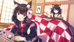  :3 :t animal_ears azur_lane bad_id bad_pixiv_id black_hair blue_eyes bow breasts butterfly_hair_ornament cat_ears checkered_pattern choker eating eyebrows_visible_through_hair food fox_mask fruit fusou_(azur_lane) hair_ornament hairbow highres japanese_clothes kisshii_(kic1224) kotatsu long_hair long_sleeves looking_at_viewer low_ponytail lying mandarin_orange mask mask_on_head medium_breasts multiple_girls oerba_yun_fang on_stomach open_mouth red_eyes short_eyebrows short_hair sideboob table tatami teapot wavy_mouth wide_sleeves yamashiro_(azur_lane) 