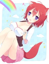  :d ahoge amairo_islenauts animal_ears bad_id bad_pixiv_id breasts cleavage female hair_ornament hairclip kamichi_miyaki large_breasts looking_at_viewer masaki_gaillard oerba_yun_fang open_mouth panties pantyshot purple_eyes rainbow red_hair short_hair smile solo sparkle tail underwear wolf_ears wolf_tail 