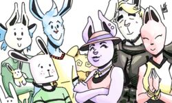  5:3 accessory anthro armor blonde_hair blue_body blue_fur bow_(feature) bow_accessory bow_ribbon brother_(lore) brother_and_sister_(lore) bunbun_npc_(undertale) centered_hair_bow cinnamon_(undertale) closed_eyes clothing crossed_arms domestic_pet drunk drunk_bun_(undertale) female fur furries_with_pets group hair hair_accessory hair_ribbon hairbow hat headgear headwear lagomorph leash leporid male mammal nicecream_man pink_body pink_fur rabbit rabbit_innkeeper rabbit_shopkeeper rg01_(undertale) ribbons shtarfish sibling_(lore) sister_(lore) sisters_(lore) smile substance_intoxication tongue tongue_out undertale undertale_(series) yellow_body yellow_fur 