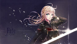  ahoge artoria_pendragon_(fate) black_gloves blonde_hair blood blood_on_clothes chinese_commentary commentary_request excalibur_(fate/stay_night) fate/zero fate_(series) female formal gloves glowing glowing_sword glowing_weapon green_eyes highres long_hair photoshop_(medium) saber_(fate) shirt solo suit torn_clothes torn_shirt wait weapon 