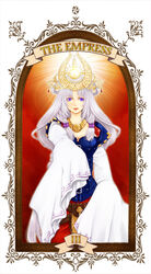  arshtat_falenas bad_id bad_pixiv_id blue_eyes breasts cleavage crown dress female gensou_suikoden gensou_suikoden_v jewelry large_breasts long_hair necklace silver_hair solo tarot tarot_(medium) the_empress_(tarot) yunako_(artist) 