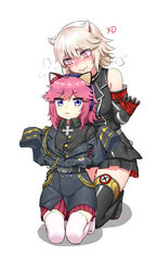  &gt;_&lt; 2girls :3 :d @_@ aged_down aiguillette animal_ears armband belt bismarck_(mod)_(warship_girls_r) bismarck_(warship_girls_r) black_gloves black_jacket black_legwear black_shirt black_skirt blue_eyes blush breasts buttons closed_eyes closed_mouth commentary_request cross dress_shirt elbow_gloves epaulettes fake_animal_ears flat_chest full_body gloves headband headphones highres iron_cross jacket kneeling looking_at_another looking_at_viewer miniskirt multiple_girls oerba_yun_fang open_mouth oversized_clothes pink_hair pink_skirt pleated_skirt red_eyes redauto shirt short_hair skirt sleeveless sleeves_past_wrists smile sweatdrop thighhighs tirpitz_(warship_girls_r) warship_girls_r white_hair white_legwear xd 