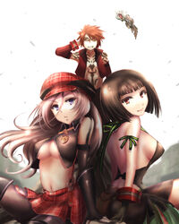  1boy 2girls alisa_ilinichina_amiella aragami arm_behind_head arm_support back black_gloves black_hair blue_eyes boots breasts cabbie_hat commentary_request detached_sleeves dress elbow_gloves eric_der_vogelweid fingerless_gloves gloves god_eater god_eater_burst grin haku_(grimjin) hat highres large_breasts long_hair looking_at_viewer medium_breasts midriff multiple_girls navel ogretail pantyhose plaid plaid_skirt red_eyes red_hair short_hair sideboob sitting skirt smile sunglasses suspender_skirt suspenders tachibana_sakuya_(god_eater) tattoo thigh_boots thighhighs underboob vest wind 