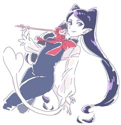  black_hair blue_eyes bow commentary_request female go!_princess_precure holding holding_wand long_hair miss_siamour miss_siamour_(human) mitsumoto_jouji paw_wand pointy_ears precure smile tail twintails very_long_hair wand 