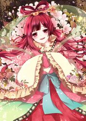  an-mar chinese_clothes commentary_request female flower hair_ornament hair_rings hair_stick hanfu highres long_hair magi_the_labyrinth_of_magic red_eyes red_hair ren_kougyoku smile solo 