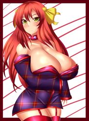  bare_shoulders breasts cleavage collar curvy detached_sleeves dress female female garter_belt hair_ornament highres huge_breasts jcdr long_breasts long_hair miniskirt red_hair red_legwear red_thighhighs skirt solo standing thighhighs yellow_eyes 