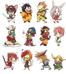  3girls 6+boys angry bakumaru bird blue_eyes bovine bright_pupils brown_hair canine chibi chicken chinese_zodiac closed_eyes cloud commentary_request cream_(eto_ranger) disembodied_hand drago_(eto_ranger) dragon energy_sword furry gaou_(eto_ranger) gem glasses green_eyes hols horse juuni_senshi_bakuretsu_eto_ranger korean_commentary long_hair male_chicken monk_(eto_ranger) monkey mouse_(animal) multicolored_hair multiple_boys multiple_girls nyorori_(eto_ranger) orange_hair pakaracchi pig pochirou puffy_short_sleeves puffy_sleeves rabbit rayman_limbs red_eyes running sheep short_sleeves shouting simple_background snake souffle_(eto_ranger) squiggle ssalbulre sword tart_(eto_ranger) tiger turban two-tone_hair urii_(eto_ranger) weapon white_background 