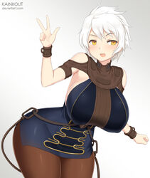  bare_shoulders blonde_hair breasts commentary_request commission cosplay eyebrows female grey_background huge_breasts kagerou:_kokumeikan_shinshou kainkout looking_at_viewer millennia millennia_(cosplay) miyabi_(senran_kagura) open_mouth pantyhose senran_kagura short_hair signature smile solo thighs v white_hair wide_hips 