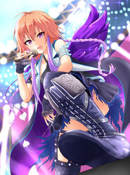  boots commentary_request female fingerless_gloves gloves highres idolmaster idolmaster_cinderella_girls long_hair looking_at_viewer microphone multicolored_hair ninomiya_asuka open_mouth orange_hair purple_eyes purple_hair solo thigh_boots thighhighs two-tone_hair yotuba_mokoh_(benzenex) 