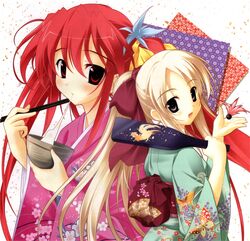  2girls :d blonde_hair chopsticks eating food fujiwara_warawara hagoita hair_ribbon haruka_ni_aogi_uruwashi_no highres japanese_clothes kazamatsuri_miyabi kimono looking_back mochi multiple_girls nire_sumika open_mouth paddle ponytail red_hair ribbon shuttlecock smile twintails wagashi 