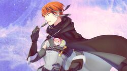  1boy candy cape fire_emblem fire_emblem:_kakusei gaia_(fire_emblem) gaius_(fire_emblem) green_eyes lollipop male male_focus orange_hair pale_skin solo sweets 