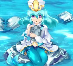  aqua_hair bad_id bad_pixiv_id braid female hair_between_eyes hair_ribbon hat holding k20 long_hair looking_at_viewer mermaid monster_girl monster_girl_encyclopedia open_mouth purple_eyes ribbon robe rock scales sea_bishop sitting sitting_on_rock solo stone_tablet twin_braids water 