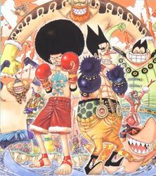  afro afro_luffy barefoot big_pan black_hair boxing boxing_gloves capote cheering chuchun evil_grin evil_smile female fight fighting foxy_(one_piece) gloves grin hamburg itomimizu jolly_roger lowres mask monkey_d_luffy monster_boy multiple_boys ocean oda_eiichiro oda_eiichirou official_art one_piece pickles_(one_piece) porche red_shorts scar shark shorts smile suspenders tattoo topless volume_cover water 