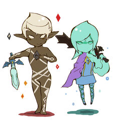  1boy alternate_form blue_eyes blue_hair cape commentary_request empty_eyes female fi_(zelda) ghirahim gohan_(horth-waribasi) master_sword pantyhose pointy_ears sword the_legend_of_zelda the_legend_of_zelda:_skyward_sword weapon white_eyes white_hair 