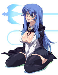  absurdres between_legs blue_hair breasts brooch cape cleavage commentary_request covered_nipples dragon_girl etuzan_jakusui female green_eyes hand_between_legs highres jewelry large_breasts long_hair looking_at_viewer miniskirt no_bra oerba_yun_fang open_mouth pleated_skirt school_uniform sitting skirt smile solo sylpheed thighhighs wariza zero_no_tsukaima 