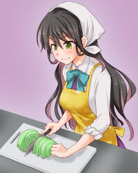  anti_(untea9) apron aqua_bow aqua_bowtie black_hair bow bowtie breasts cabbage collared_shirt commentary_request cutting_board female highres holding holding_knife kantai_collection kitchen_knife knife large_breasts long_hair long_sleeves meme multicolored_hair naganami_(kancolle) photoshop_(medium) pink_hair purple_background quality_cabbage_(meme) school_uniform shirt simple_background sleeves_rolled_up smile solo v-shaped_eyebrows white_shirt wing_collar yellow_eyes 