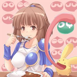  amane_hasuhito arle_nadja armor bad_id bad_pixiv_id blush brown_eyes brown_hair carbuncle_(puyopuyo) curry eating female food forehead_jewel half_updo madou_monogatari ponytail puyo_(puyopuyo) puyopuyo teardrop tongue 