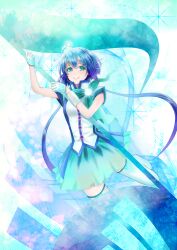  aoki_lapis blue_eyes blue_hair commentary_request female gloves hair_ornament headset highres kentaurosu long_hair looking_at_viewer musical_note partial_commentary scarf skirt smile solo thighhighs tourmaline twintails very_long_hair vocaloid zettai_ryouiki 