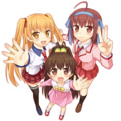  3girls :d ahoge black_hair black_legwear blonde_hair blush brown_eyes brown_hair commentary_request dress hair_bobbles hair_ornament hair_ribbon kneehighs long_hair multiple_girls necktie npcpepper open_mouth papa_no_iu_koto_wo_kikinasai! photoshop_(medium) ponytail ribbon school_uniform skirt smile socks takanashi_hina takanashi_miu takanashi_sora thighhighs twintails two_side_up v wide_ponytail yellow_eyes 