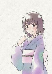  blush commentary_request female hand_on_own_face hourou_musuko japanese_clothes kimono light_smile messy_hair short_hair solo suehiro_anna tsurime urara_(yura) 