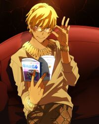  1boy adjusting_eyewear azuazuazu19 bespectacled blonde_hair book bracelet casual censored chair commentary_request doraemon fate/zero fate_(series) gilgamesh_(fate) glasses identity_censor jewelry looking_at_viewer male_focus necklace official_alternate_costume reading red_eyes smile 