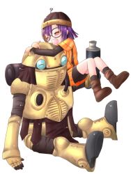  chrono_trigger closed_eyes commentary_request female glasses head_hug hug lucca_ashtear meiya_neon purple_hair robo_(chrono_trigger) short_hair simple_background sitting white_background 