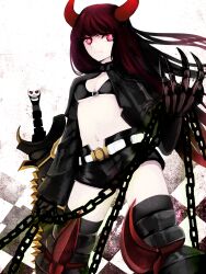  bad_id bad_pixiv_id belt bikini bikini_top_only black_bikini black_gold_saw black_rock_shooter black_shorts black_thighhighs breasts chains checkered_background cleavage cropped_jacket female highres horns king_saw long_hair looking_at_viewer meiko_(puua) midriff navel pale_skin red_eyes red_hair short_shorts shorts skull small_breasts smile solo swimsuit sword thighhighs underboob unzipped weapon 