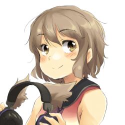  bare_shoulders blush brown_eyes brown_hair closed_mouth commentary_request earmuffs female grey_eyes grey_hair looking_away shirt short_hair simple_background sleeveless sleeveless_shirt smile solo touhou toyosatomimi_no_miko unworn_headwear upper_body white_background yudepii 